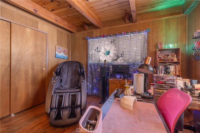 interior space featuring wood ceiling, wooden walls, beam ceiling, and wood finished floors