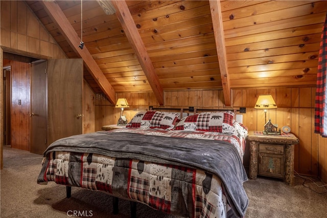 carpeted bedroom with vaulted ceiling with beams, wood ceiling, and wooden walls