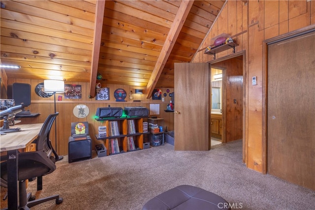 carpeted office space featuring lofted ceiling with beams, wooden ceiling, and wooden walls