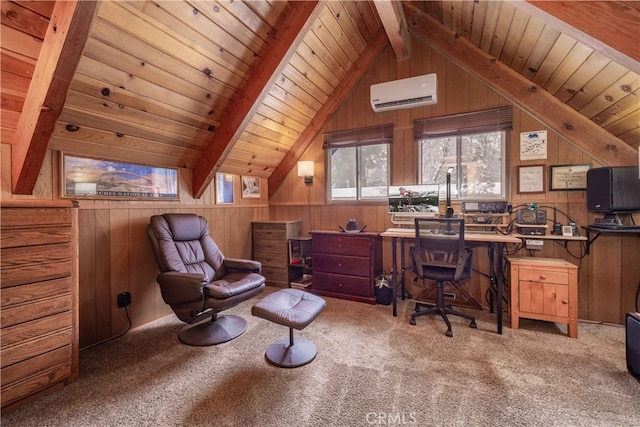 office space with vaulted ceiling with beams, wooden walls, carpet floors, wood ceiling, and a wall mounted AC