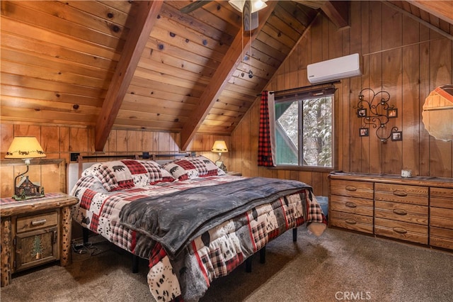 carpeted bedroom featuring lofted ceiling with beams, an AC wall unit, wood ceiling, and wooden walls