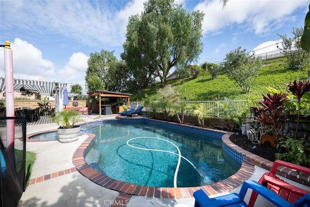 view of pool with a patio area, a fenced in pool, a pergola, and a fenced backyard