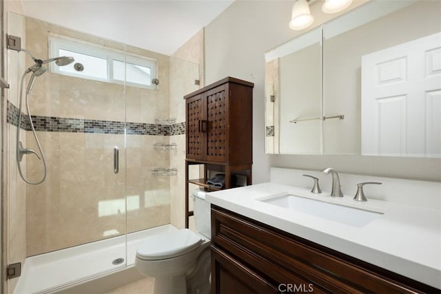 bathroom with a shower stall, vanity, and toilet