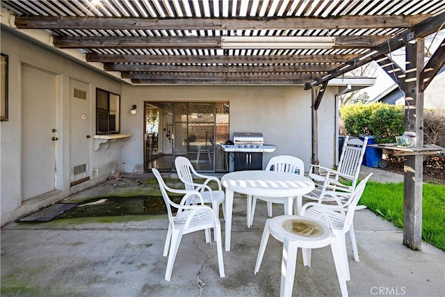 view of patio featuring outdoor dining area, visible vents, a grill, and a pergola