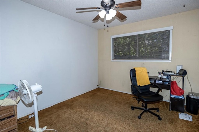 office with ceiling fan, a textured ceiling, and carpet flooring