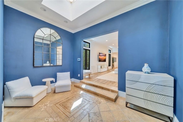 living area with crown molding, recessed lighting, tile patterned flooring, and baseboards