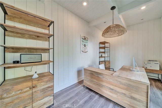 home office with recessed lighting, beam ceiling, baseboards, and wood finished floors