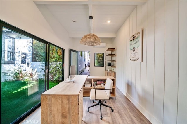 office space featuring baseboards, light wood-style flooring, a wall mounted air conditioner, beam ceiling, and recessed lighting