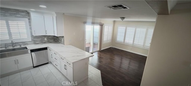 kitchen featuring visible vents, a sink, white cabinetry, and stainless steel dishwasher