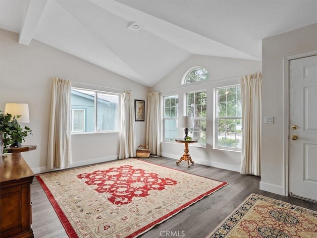 foyer featuring vaulted ceiling, wood finished floors, and baseboards