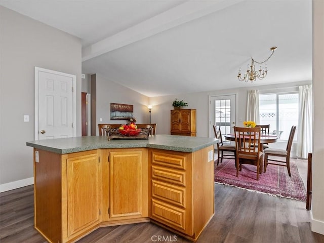 kitchen with vaulted ceiling with beams, baseboards, a chandelier, and dark wood-style flooring