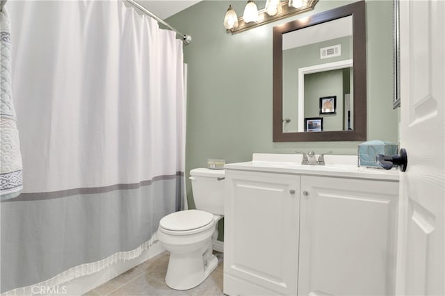 bathroom featuring vanity, visible vents, curtained shower, tile patterned floors, and toilet