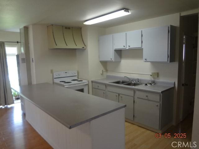 kitchen with light wood-style flooring, electric range, a sink, light countertops, and ventilation hood