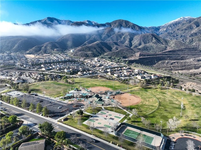 drone / aerial view featuring a mountain view