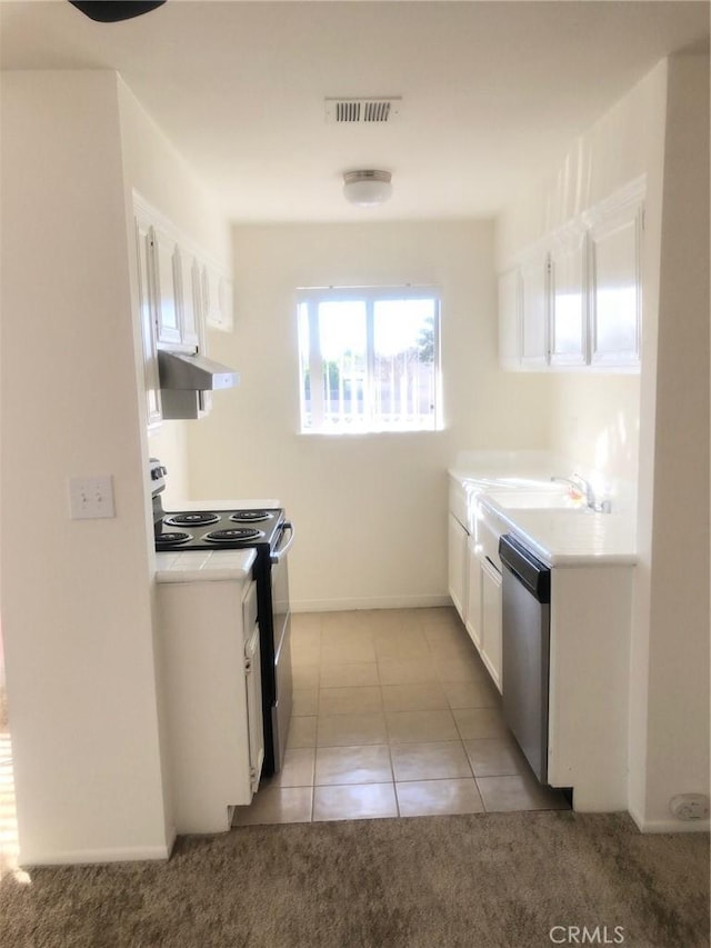 kitchen with light countertops, visible vents, electric range, white cabinetry, and dishwasher