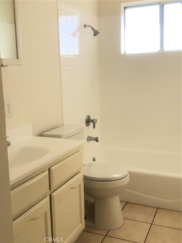 full bathroom with vanity, shower / washtub combination, tile patterned flooring, and toilet