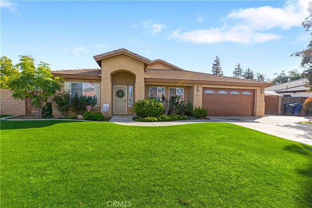 single story home with stucco siding, concrete driveway, fence, a garage, and a front lawn