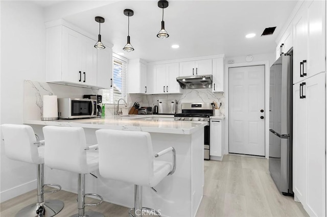 kitchen with a barn door, a peninsula, stainless steel appliances, under cabinet range hood, and a sink