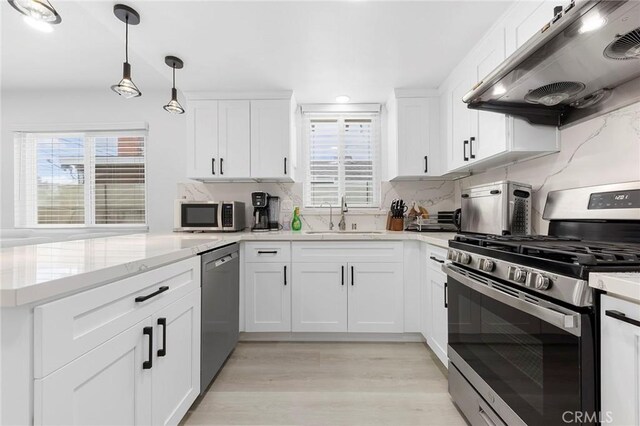 kitchen featuring under cabinet range hood, a sink, white cabinetry, appliances with stainless steel finishes, and decorative backsplash