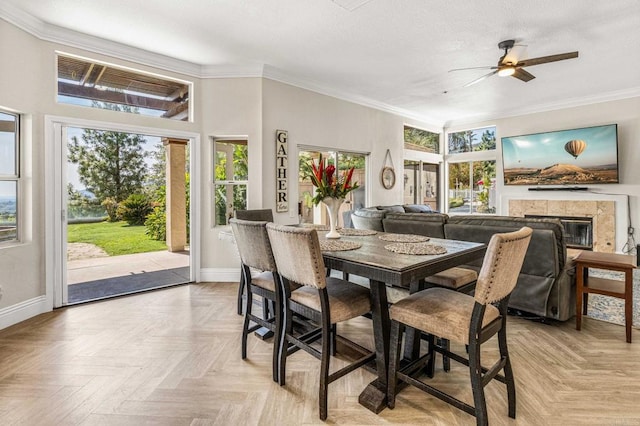 14797 Wild Colt Pl, Jamul, CA 91935 - dining room with baseboards, ornamental molding, a ceiling fan, and a tiled fireplace