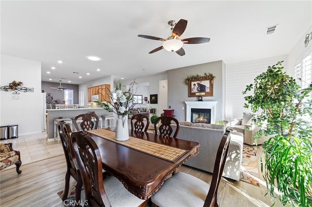 dining space with visible vents, a ceiling fan, a glass covered fireplace, recessed lighting, and light wood-style floors