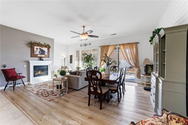 dining space with a glass covered fireplace, light wood-type flooring, visible vents, and ceiling fan