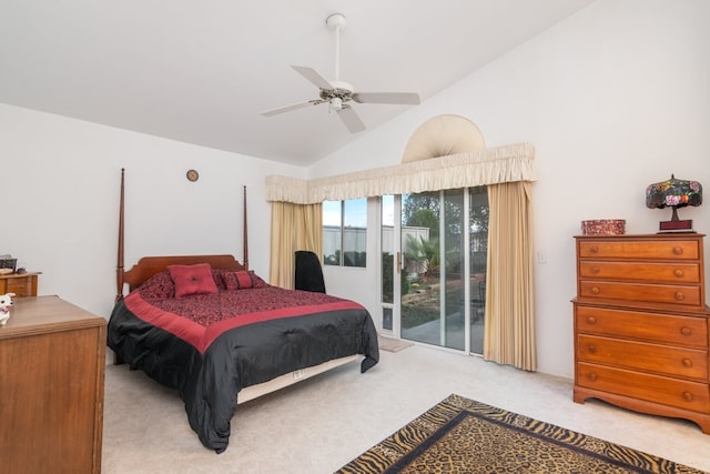 bedroom featuring light carpet, vaulted ceiling, a ceiling fan, and access to outside