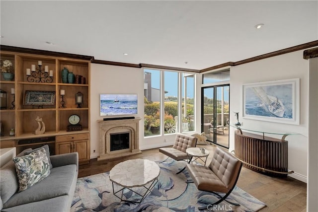 living area with light wood-type flooring, baseboards, a fireplace, and crown molding