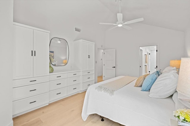 bedroom featuring visible vents, connected bathroom, light wood-style flooring, ceiling fan, and high vaulted ceiling