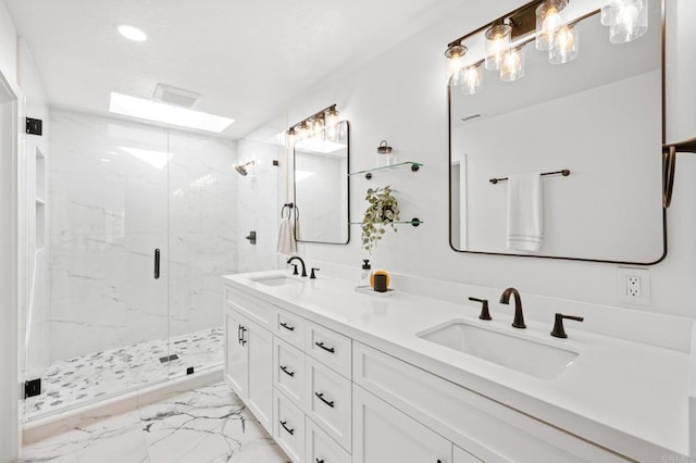 full bathroom featuring marble finish floor, a sink, a marble finish shower, and double vanity