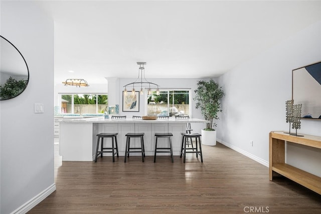 kitchen with a wealth of natural light, a breakfast bar area, light countertops, and dark wood-type flooring