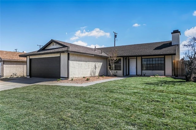 single story home featuring an attached garage, driveway, a front yard, and fence