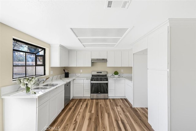 kitchen with visible vents, appliances with stainless steel finishes, white cabinets, a sink, and under cabinet range hood