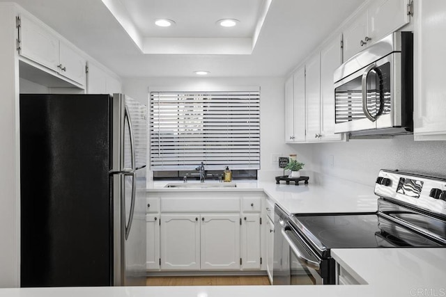 kitchen featuring stainless steel appliances, a raised ceiling, white cabinets, and a sink