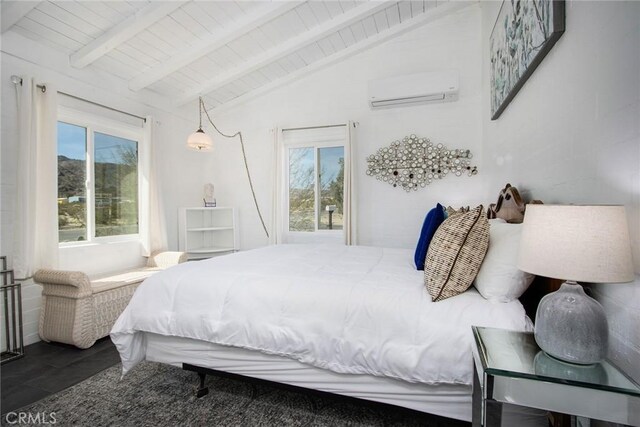 bedroom with lofted ceiling with beams, multiple windows, a wall unit AC, and wooden ceiling