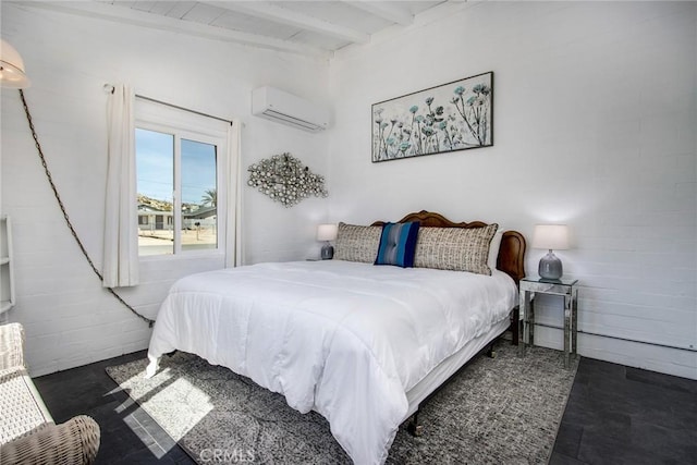 bedroom featuring beamed ceiling and a wall mounted air conditioner