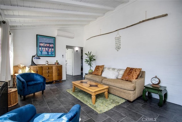 living area with a wall unit AC and vaulted ceiling with beams