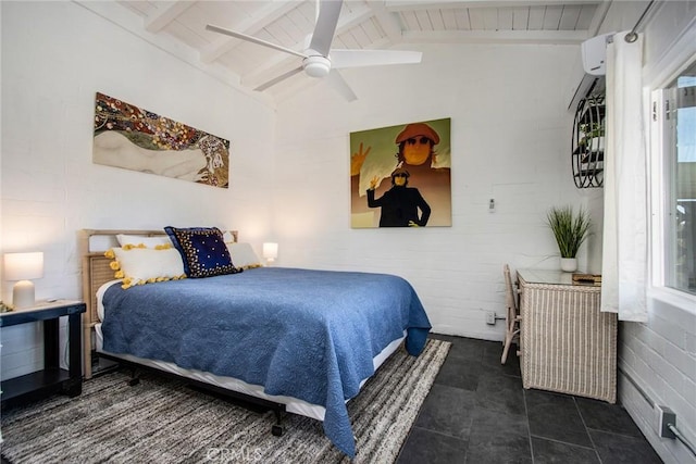 bedroom with vaulted ceiling with beams, brick wall, a ceiling fan, and radiator