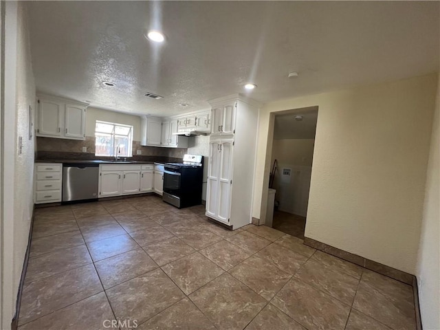 kitchen with white cabinets, dishwasher, black range oven, and a sink