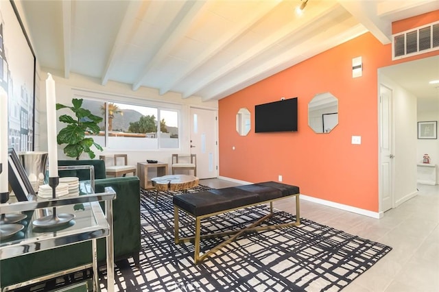 22470 Fawnridge Dr, Palm Springs, CA 92262 - living area featuring vaulted ceiling with beams, visible vents, and baseboards