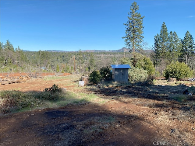 view of yard featuring a storage shed and an outbuilding