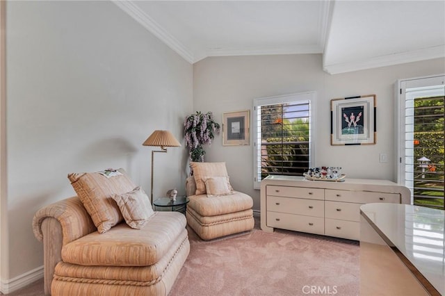 sitting room with crown molding, vaulted ceiling, and light carpet