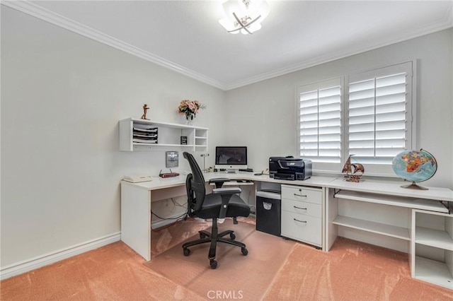 office featuring baseboards, light carpet, and crown molding