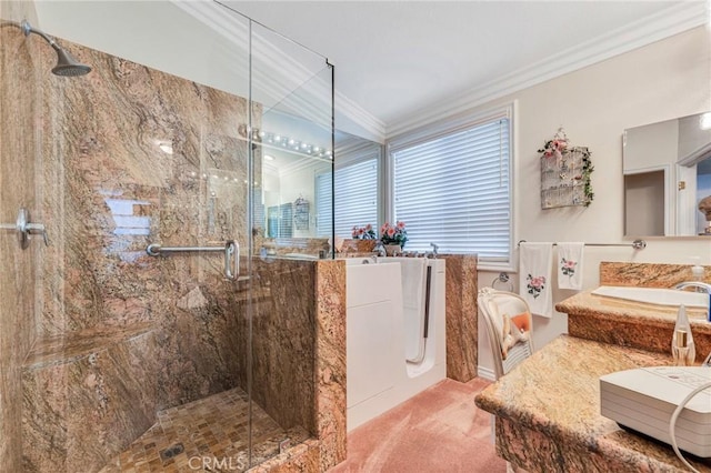full bath featuring vanity, a shower stall, and ornamental molding