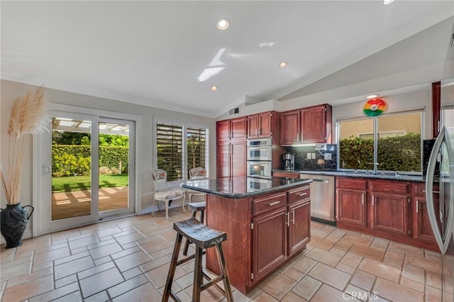 kitchen with dark brown cabinets, stainless steel appliances, and lofted ceiling