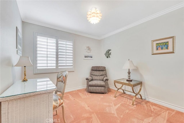 home office with crown molding, baseboards, and carpet floors