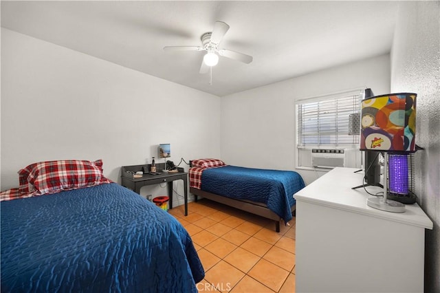 bedroom featuring light tile patterned floors and ceiling fan