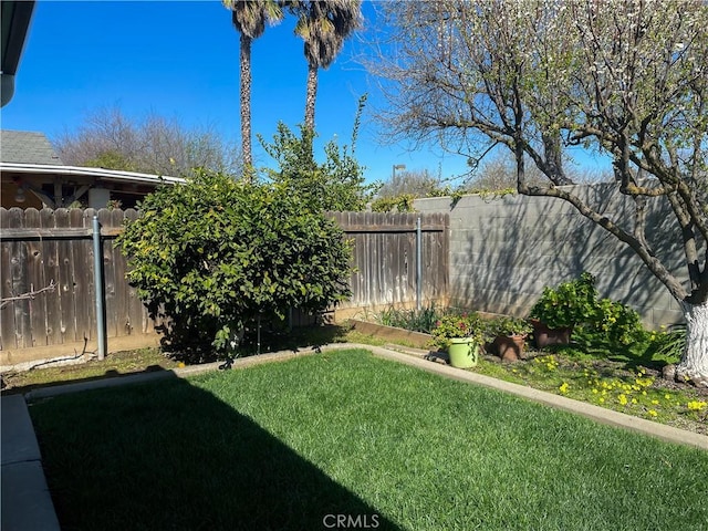 view of yard with a fenced backyard and a vegetable garden