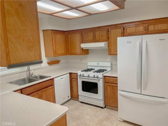 kitchen with white appliances, brown cabinets, light countertops, under cabinet range hood, and a sink