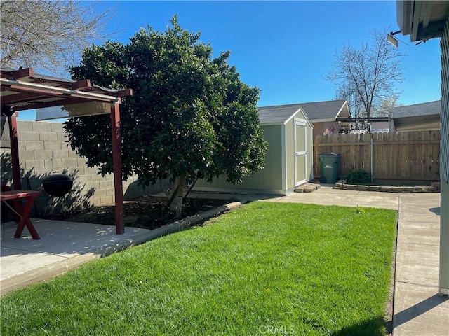 view of yard featuring a shed, a patio, a fenced backyard, and an outdoor structure